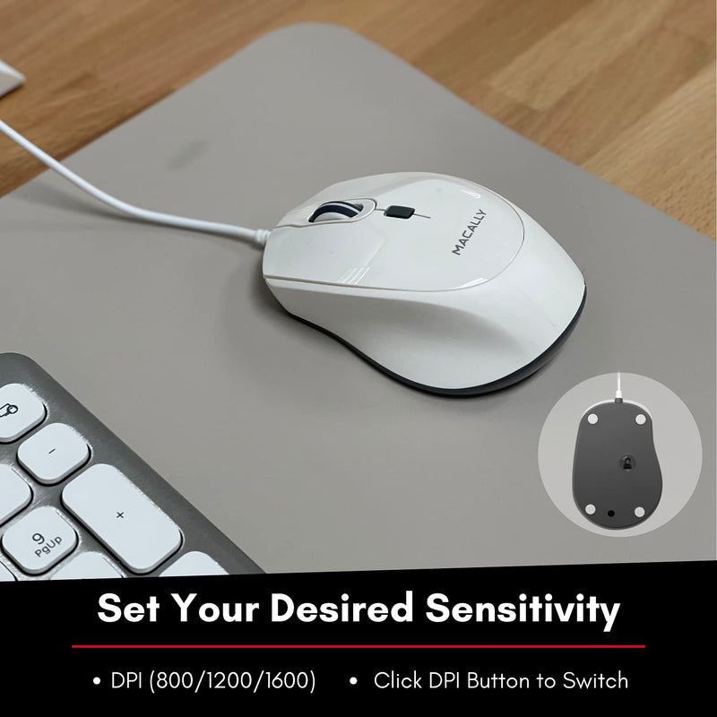 Macally USB Wired Mouse for Mac or PC - Comfortable, Smooth, and Quiet - White USB Mouse Wired with 5ft Cable and 4 DPI - Plug and Play Corded Computer Mouse for Laptop or Office Desktop - White