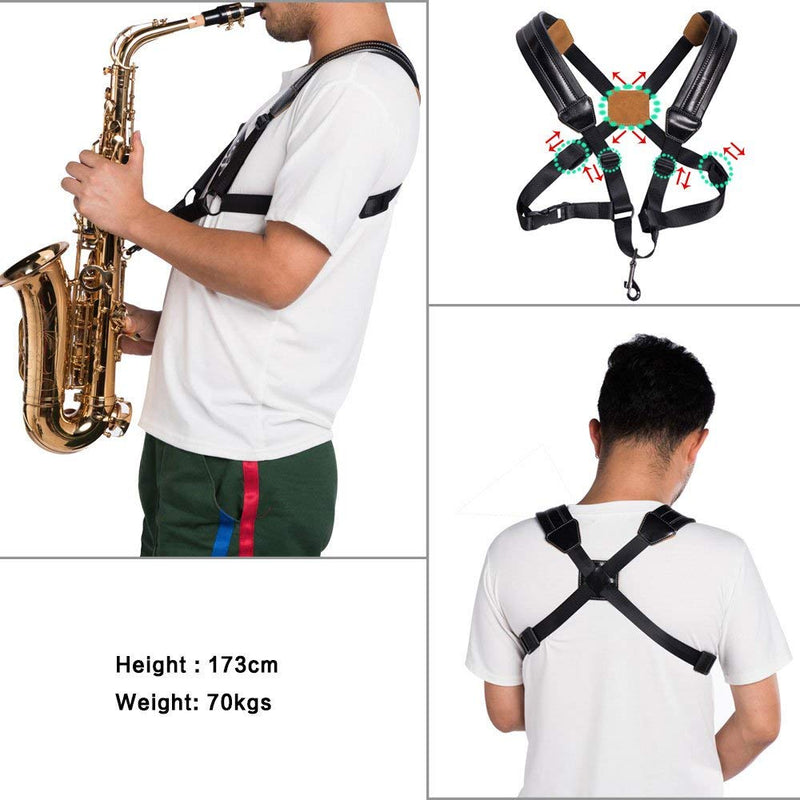 Saxophone Strap, Universal Double Shoulder Leather Strap for Sax, Adjustable Padded Harness Strap for Alto Tenor Soprano Baritone Saxophone (Large Size) Taille Grande