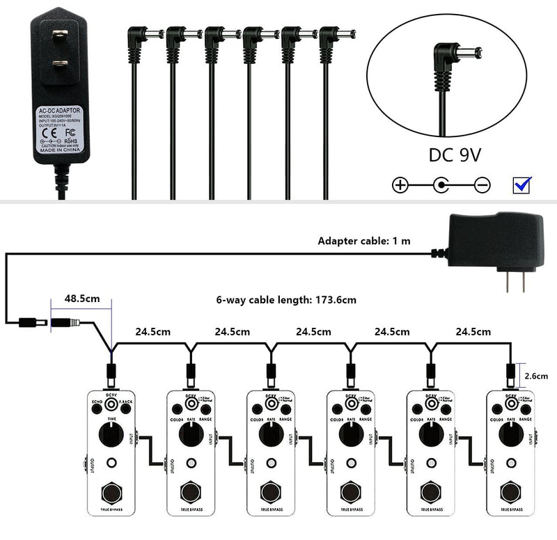 Rockhouse 9V DC 1A Guitar Pedal Power Supply Center Negative 9 Volt Adapter Power Cord with 6 Way Daisy Chain Cables for BOSS Guitar Effect Pedals