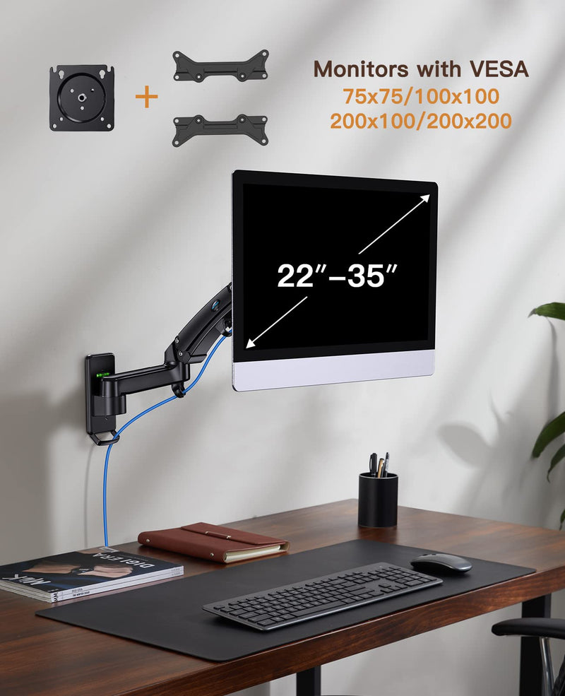 HUANUO TV Monitor Wall Mount for 22”-35” Ultrawide Screens, Upgraded Full Motion Monitor Arm Single, Wall Mounted Monitor Stand Support VESA 75/100/200mm, Load Capacity 6.6 to 26lbs