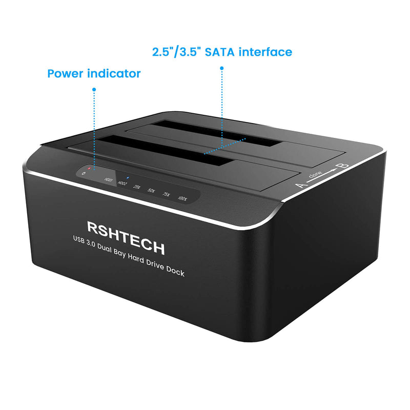 Hard Drive Dock, RSHTECH Aluminum USB 3.0 to SATA Dual Bay External Hard Drive Docking Station for 2.5 & 3.5 inch SATA HDD SSD with Offline Clone/Duplicator Function, Support UASP & 2x16TB (RSH-DS01) SATA Dual-Bay Hard Drive Dock