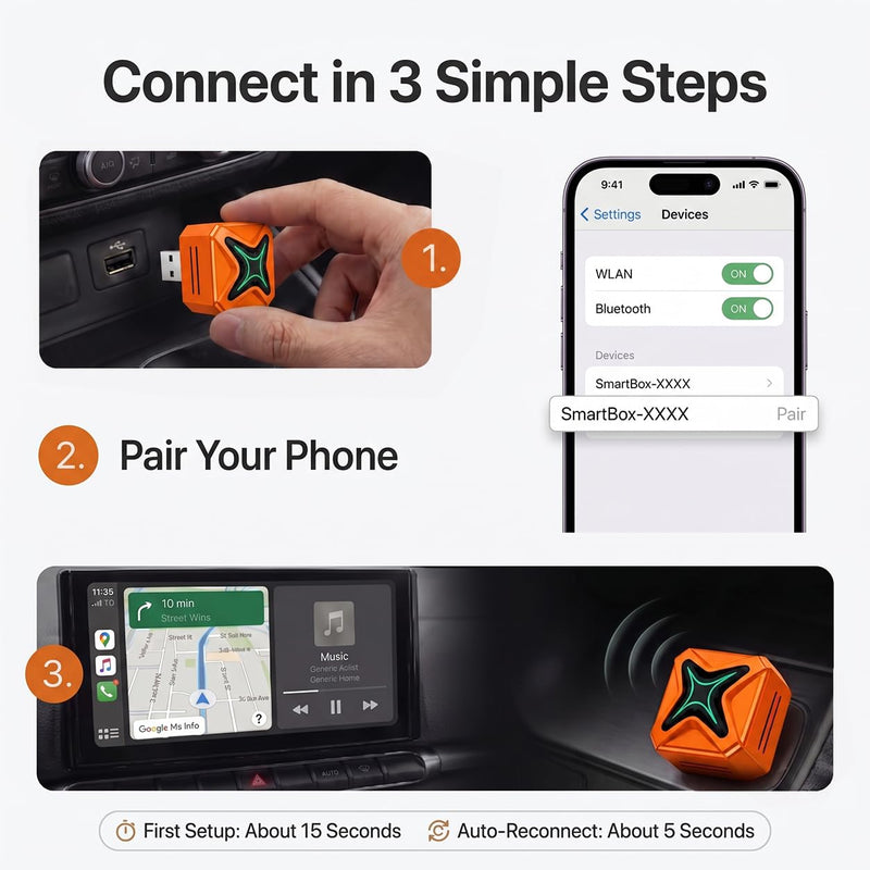 Wireless CarPlay Adapter for iPhone & Android | 2-in-1 Wireless CarPlay and Android Auto Adapter, Plug and Play, Auto Reconnect