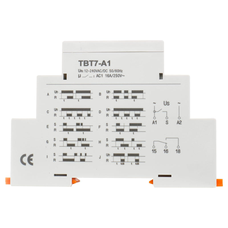 Baomain Multi-Function Time Relay, 16A SPDT 10-Functions, DIN Rail Mounting Timer Relay TBT7-A1 (1-SPDT, 12-240VAC/DC)