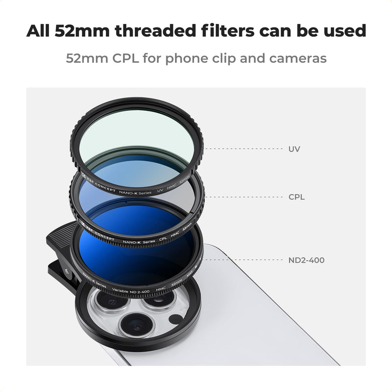 [AUSTRALIA] - K&F Concept 52mm Clip-on CPL Phone Camera Lens Filter Kit, Circular Polarizer Polarizing Filter Compatible with iPhone 15 14 13 12 11 
