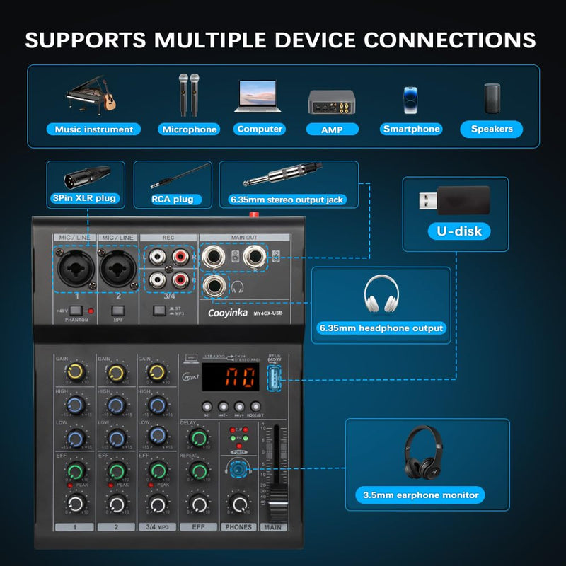 Dj Mixer, Audio Mixer for PC 4 Channel Bluetooth Sound Board with USB Interface, Cooyinka Mixer Audio Built-in 48V Phantom Power Sound Card for Live Streaming, Podcasting/Black