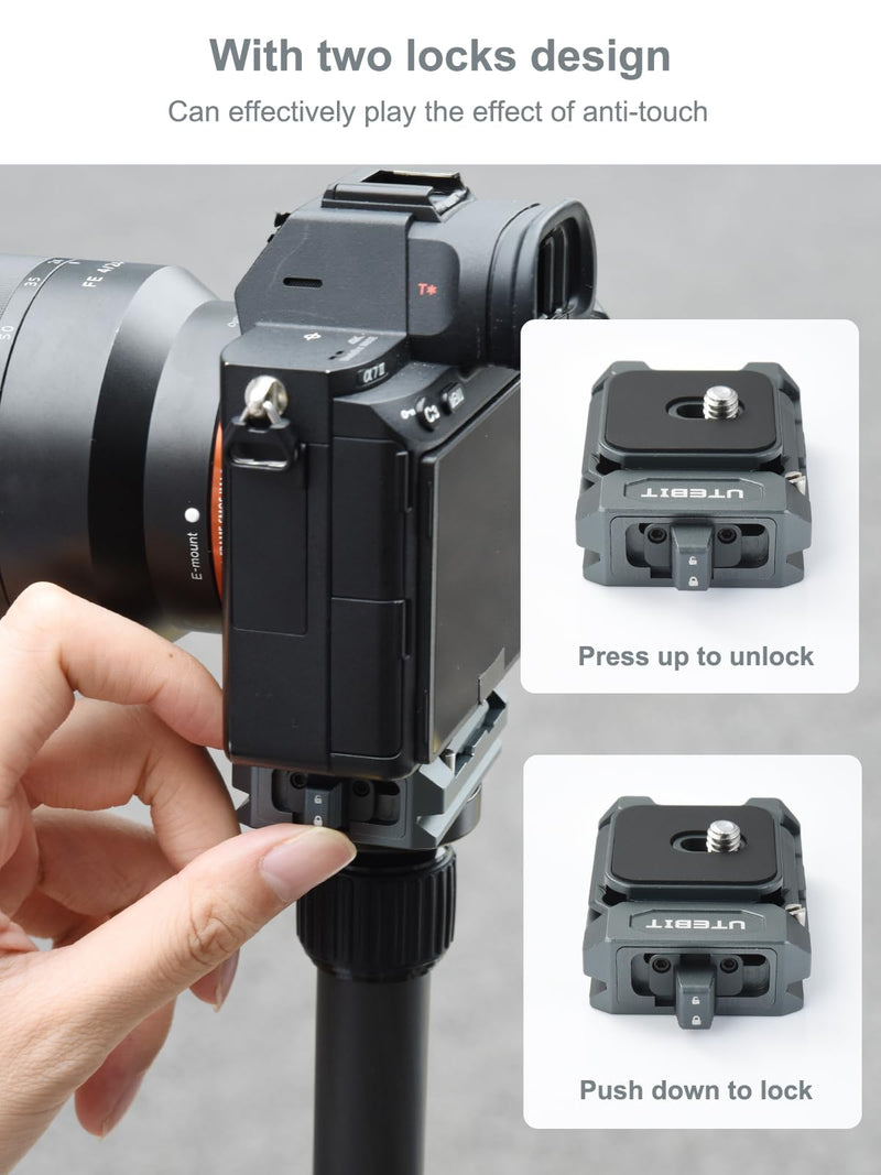 UTEBIT Camera Quick Release Plate Aluminum QR Clamp Adapter Set with 1/4“ & 3/8” Screw Adapter Compatible with Arca Swiss Peak Design Capture V3 Camera Tripod Ball Head