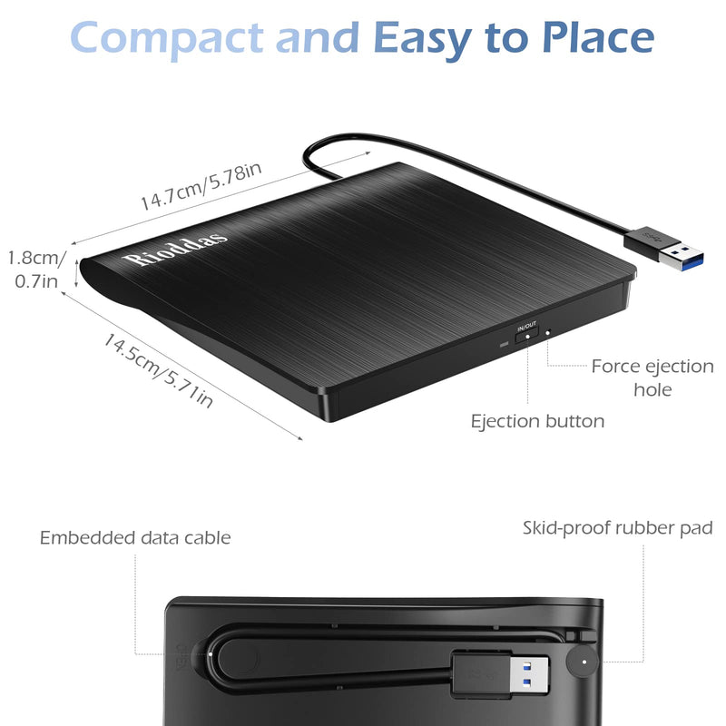 [AUSTRALIA] - Rioddas External CD/DVD Drive for Laptop, USB 3.0 CD DVD Player Portable +/-RW Burner CD ROM Reader Writer Disk Duplicator Compatible with Laptop Desktop PC Windows Apple Mac Pro MacBook Linux USB 3.0 USB-A 