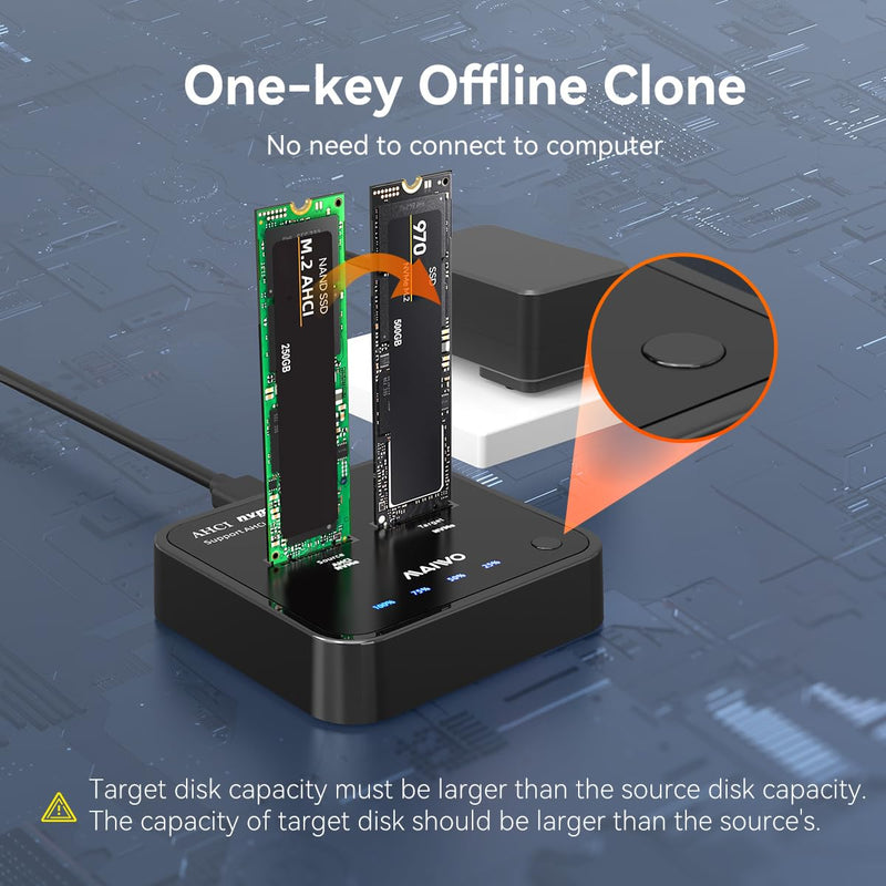 MAIWO Dual Bay M.2 NVMe Duplicator Cloner Dock, Support Max 2 x 4TB 20Gbps AHCI to NVMe Clone, PCIe SSD Read&Write&Clone for 2230/2242/2260/2280/22110 SSDs NVMe SSD Dock & Cloner 20Gbps