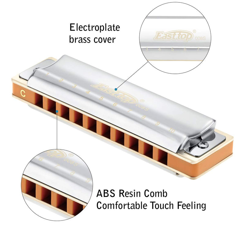 [AUSTRALIA] - East top Harmonica, Advanced Diatonic Harmonica Key of C, 10 Holes Mouth Organ Harmonica with Silver Cover, Blues Harmonicas For Adults, Professionals and Students 