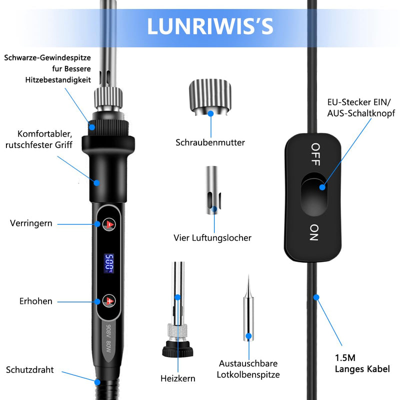 [AUSTRALIA] - 80 W LCD Soldering Iron Set, Soldering Iron, Soldering Set, Temperature Adjustable 180-520 °C Soldering Iron Set with On/Off Switch, Soldering Iron with 5 Tips, 50 g Soldering Wire, Desoldering Pump 80w 