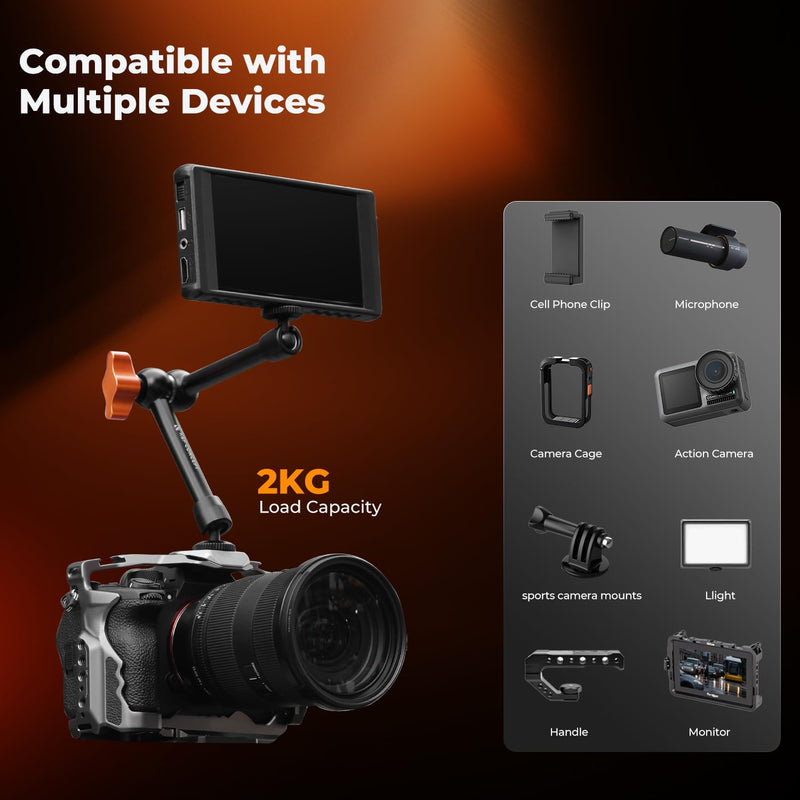 [AUSTRALIA] - K&F CONCEPT 9.8" Magic Arm Clamp Kit with 1/4" & 3/8" Thread Screw 360° Ball Heads Articulating Magic Arm Camera Mount for Monitor, Flash, LED Light, Microphone, Camera Cage, Action Camera 9.8" with Clamp 