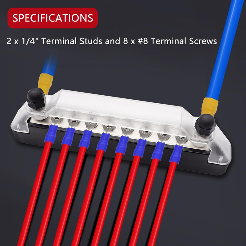 12V Bus Bar Marine 2 x 1/4" (M6) Terminal Studs,8 x M4 (#8) Terminal Screws,12V Power Distribution Block with Cover and Ring Terminals, Battery Bus Bar for Car and Boat (Black+Red) Q-O-038-10-A 2 x 1/4"(M6) Studs & 8 x #8(M4) Screws