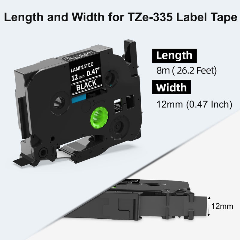 [AUSTRALIA] - Labelife TZe-335 Label Tape Replacement for Brother P Touch Label Tape White on Black TZe TZ Tape 12mm 0.47 Laminated Black Label Maker Tape TZe335 for Brother PT-D210 PT-D220 PT-H110 Labeler, 4-Pack 12mm 0.47 inch 