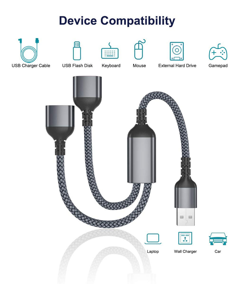 USB Splitter Y Cable 1FT (2-Pack),USB A 1 Male to 2 Female Extension Cord Converter,Dual Double USB Port Extender Hub Data Charger Power Split Adapter for Mac,Car,Xbox One Series X/S,PS4,PS5,Laptop Gray