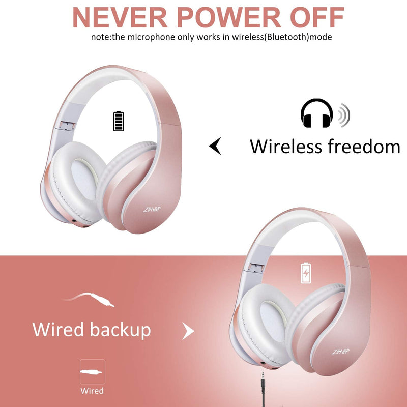 Bluetooth Headphones Over-Ear, Zihnic Foldable Wireless and Wired Stereo Headset Micro SD/TF, FM for Cell Phone,PC,Soft Earmuffs &Light Weight for Prolonged Wearing(Rose Gold) Rose Gold