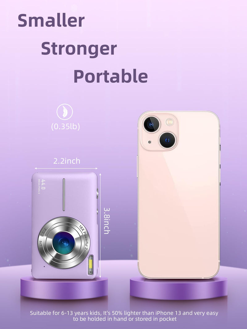 Digital Camera, FHD 1080P Kids Camera 44MP Point and Shoot Digital Cameras with 32GB Memory Card, 16X Zoom, Two Batteries, Lanyard, Compact Small Camera Gift for Kids Boys Girls Students, Purple