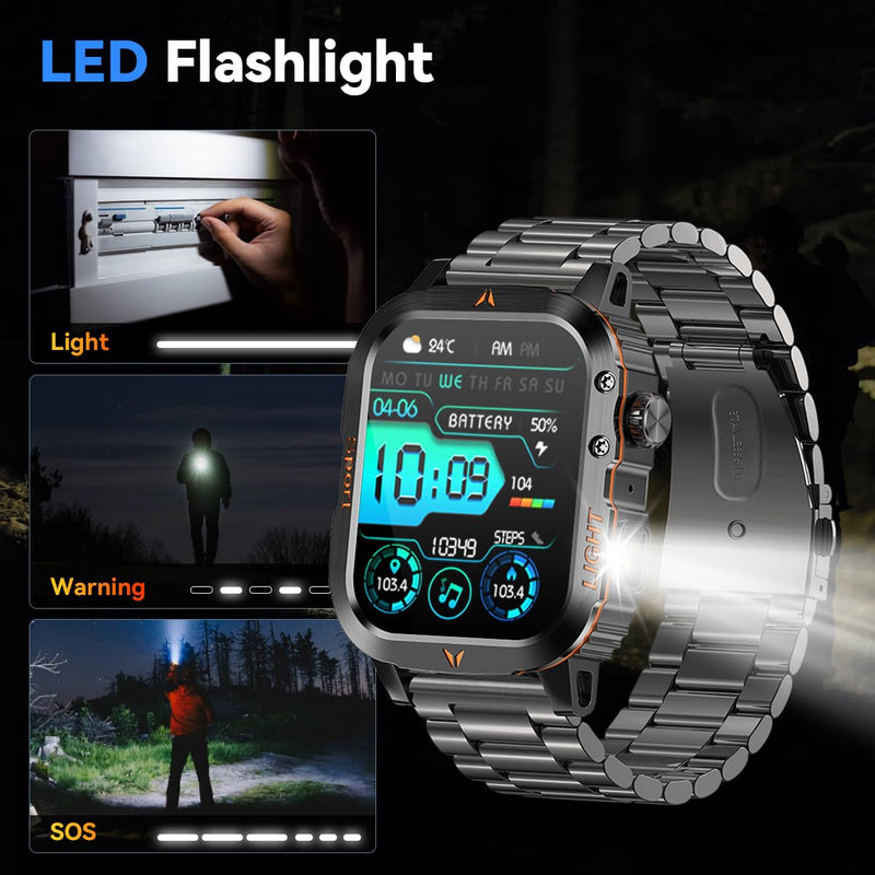 QTLLBT Men's Military Smart Watch 1500mAh Battery 30day IP68 Waterproof Suitable for Swimming Answer/Make Call Function Outdoor Tactical Smart Fitness Watch Heart Rate for Android & iOS Black Steelstrap
