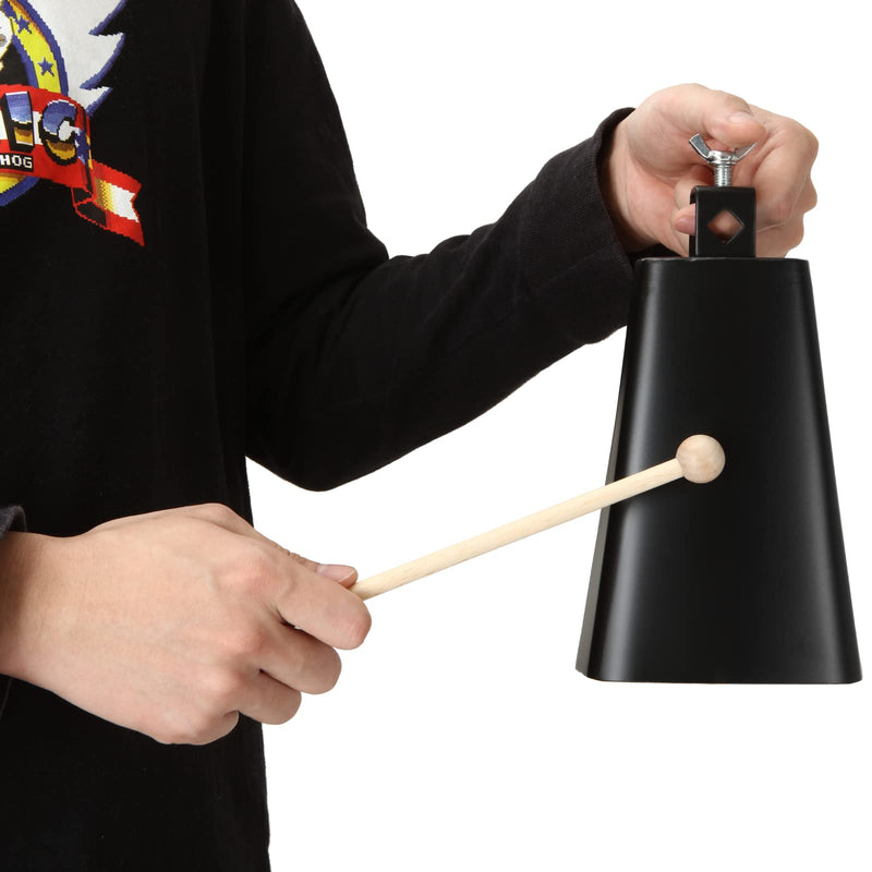 7 Inch Large Cow Bell Noise Makers, Metal Cowbell with Handle and Stick, Hand Percussion Music Cowbell for Sporting Events, Drum Set, Church, Weddings, Beautiful Clear Tapping Sound (Black)