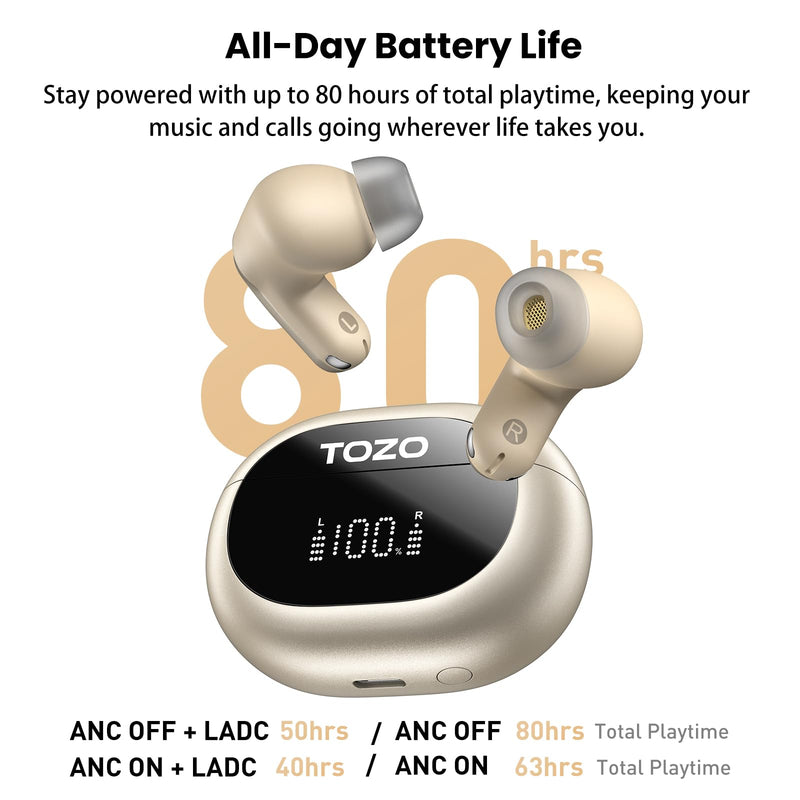 TOZO NC20 Active Noise Cancelling Wireless Earbuds LDAC Hi-Res Bluetooth | 6 Mics AI Call Ear Buds 80H Playtime, Dual Pairing, 32 EQ via App, IPX8 Waterproof, Wireless Charging Case Matte Champagne