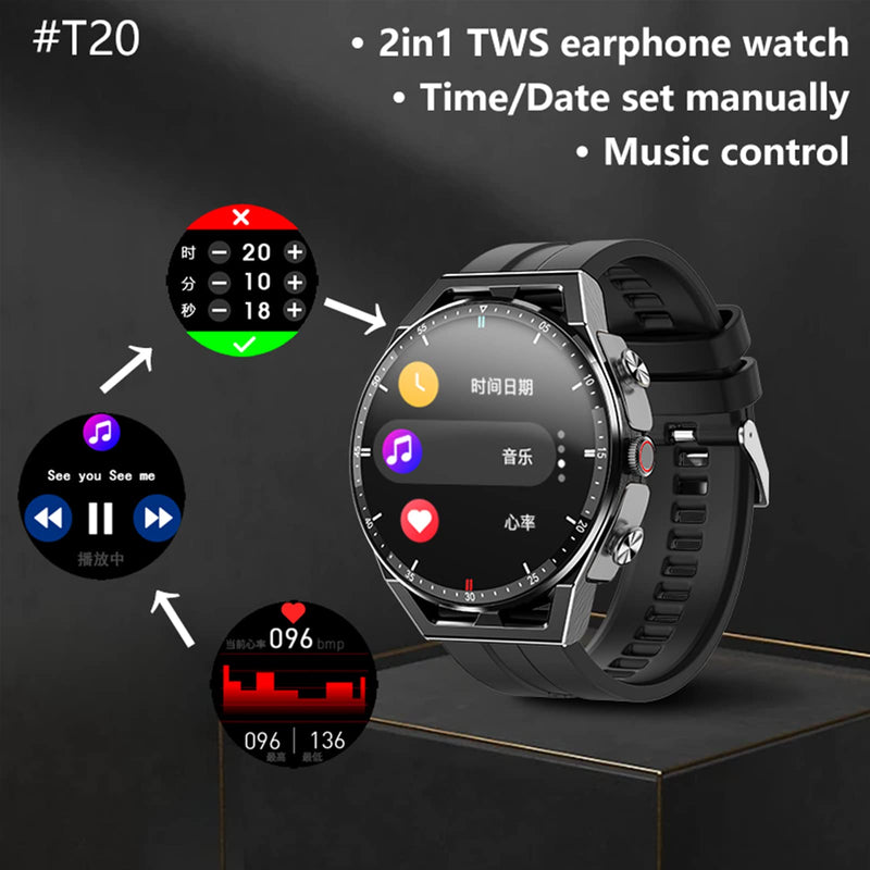 Tuanzi T20 Smart Watch with Earbuds 1.3 Inch Smartwatch Built-in Wireless Combo TWS HiFi Stereo Headset Heart Rate Monitor Fitness Tracker T20-Black