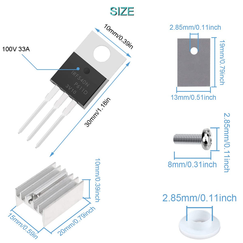 Youmile 20pcs IRF540 IRF540N Mosfet Transistor 33A 100V N-Channel Power MOSFET TO-220 with Heatsink Screw Disc Rubber Silicone Screwdriver for DIY and DIY