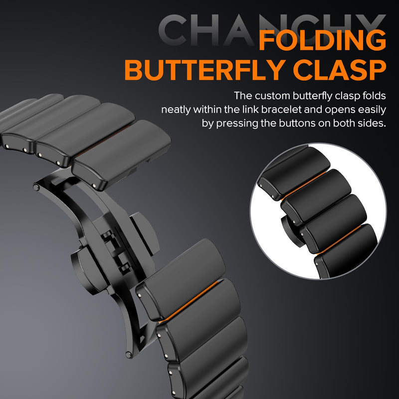 CHANCHY Titanium Silicone Band for Apple Watch Ultra 3/2/1 49/46/45/44mm | Luxury Apple Watch Bands Titanium Silicone Dual-Layer Link for Men Compatible with iWatch Series 11 10 9 8 7 6 5 4 SE 3 2 1 A-Titanium Edition, Black-Orange