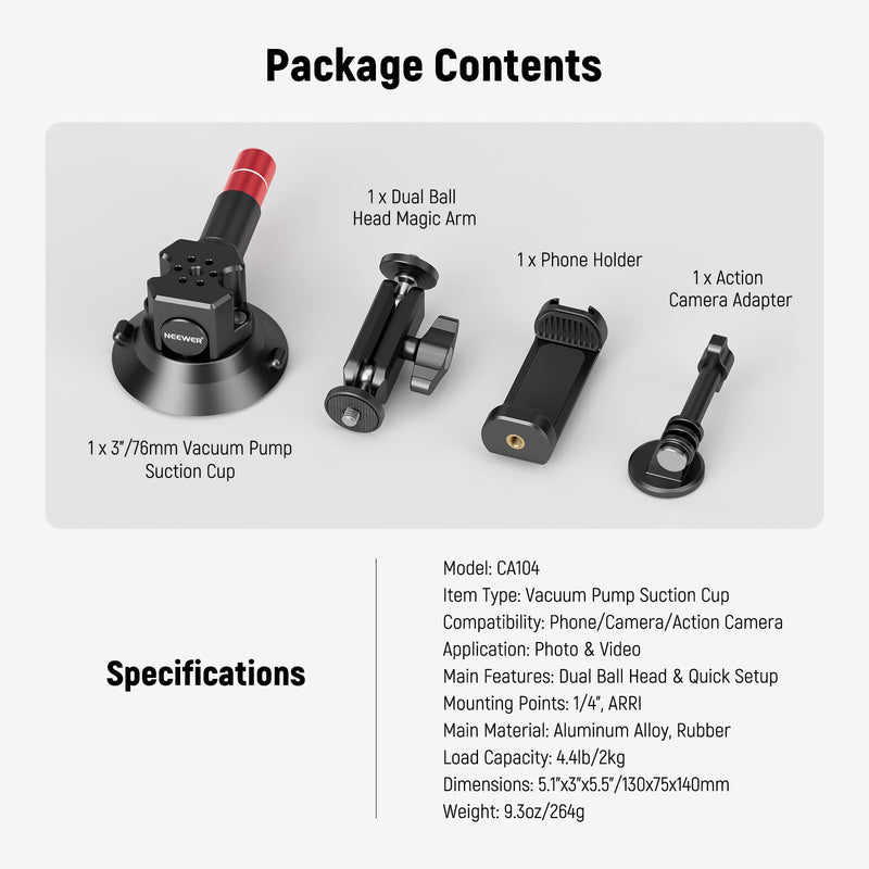 Neewer 3" Suction Cup Camera Mount Bracket with Ball Head Magic Arm, 1/4" ARRI Holes, Quick Release Car Mount with Phone Holder & Action Cam Adapter Compatible with iPhone DJI Insta360, CA104