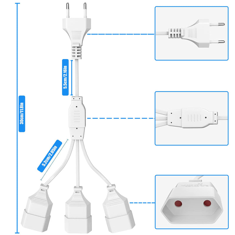 EU Extension Plug Extension Cable Euro Plug, 3-in-1 Socket Adapter with Flexible Cable, Euro Flat Power Cable Extension, 2 m EU Flat Plug Distributor, 250 V, White 3 in 1 socket adapter