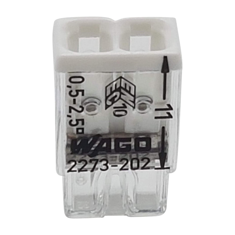 Wago 2273-202 Compact Connection Box Terminals, Diameter 0.5–2.5 mm, Pack of 30, 2-Pole, Transparent/White