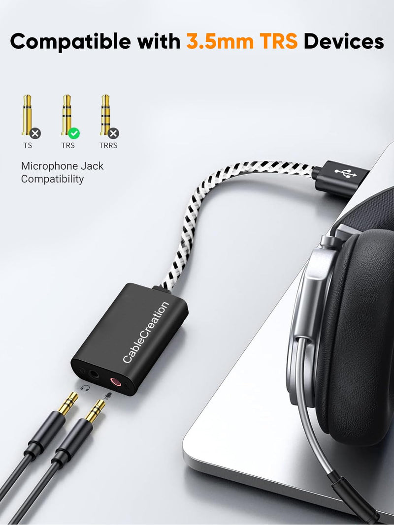 CableCreation 2 Pack USB Audio Adapter External Sound Card with 3.5mm + Mic | Headphone and Microphone Jack Compatible with Windows, Mac, macOS, Linux, PS4, PS5, Plug and Play, Aluminum Black Black USB 2.0*2 2-Pack