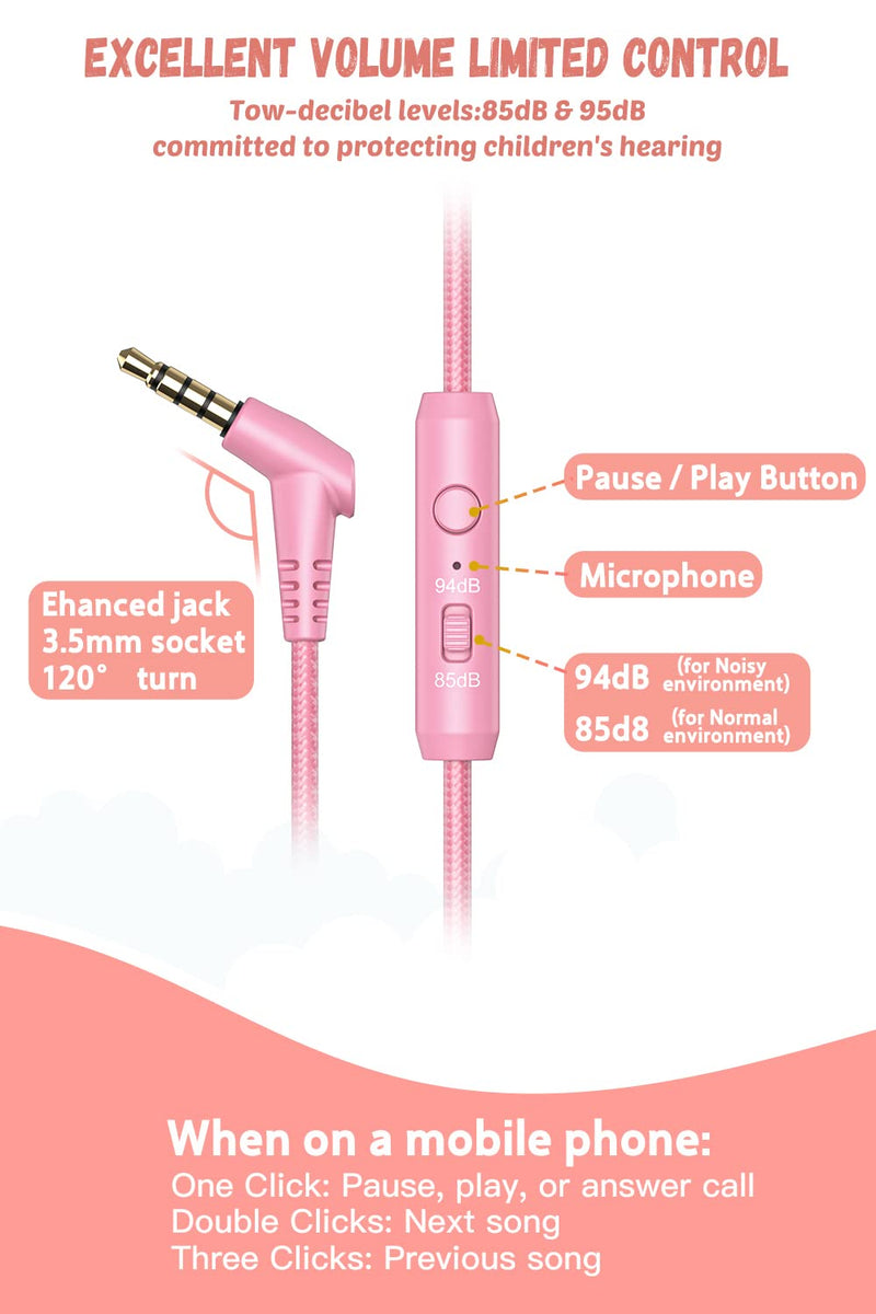 Kids Headphones for School with Microphone New bee KH20 HD Stereo Safe Volume Limited 85dB/94dB Foldable Lightweight On-Ear Headphone for PC/Mac/Android/Kindle/Tablet/Pad (Pink) Pink