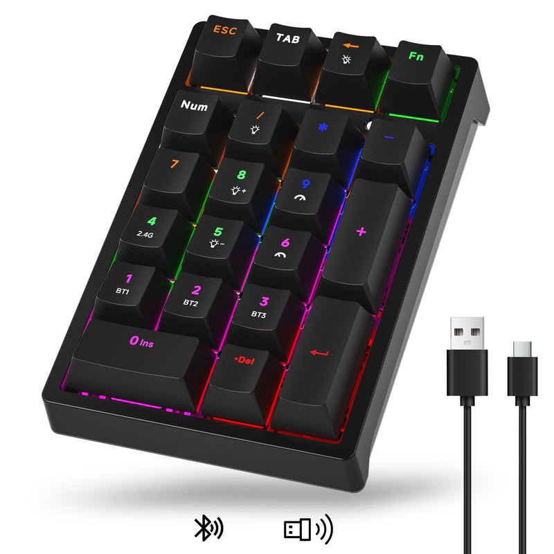 Wireless Numeric Keyboard | Mechanical Number Pad with RGB LED Backlit Wireless 2.4G/Bluetooth 5.0/Wired USB-C Rechargeable Numeric Keypad for Win/Mac Black