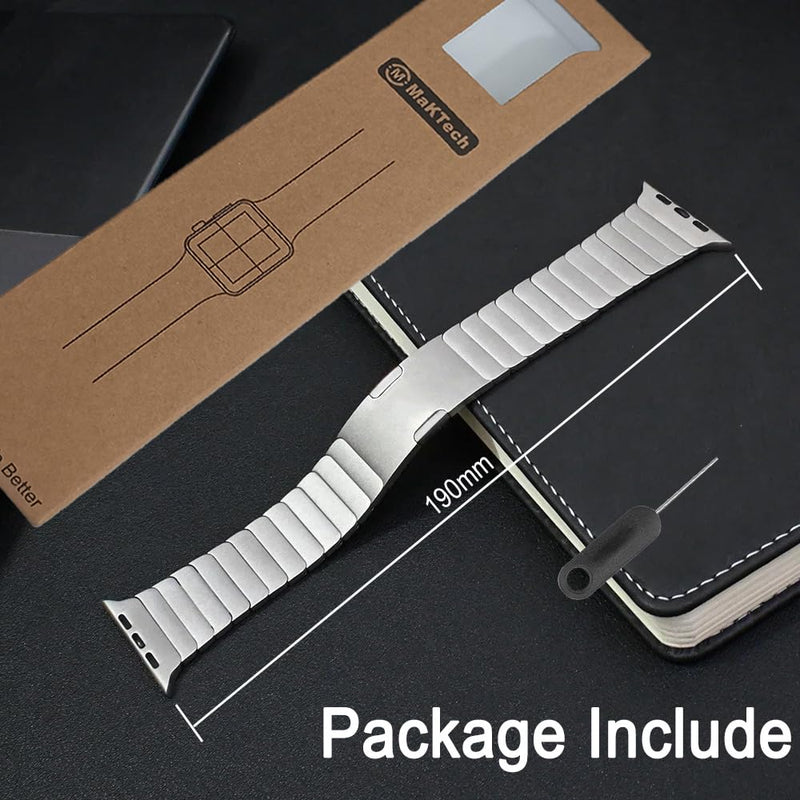 Titanium Band for Apple Watch 46mm/49mm, DLC Curved Link Bracelet, Silver | MaKTech DLC Coating Scratch-Resistant, Lightweight Metal, for Apple Watch 11/10 46mm, Ultra 3/2 49mm, 9/8 45mm, SE 3/2 44mm