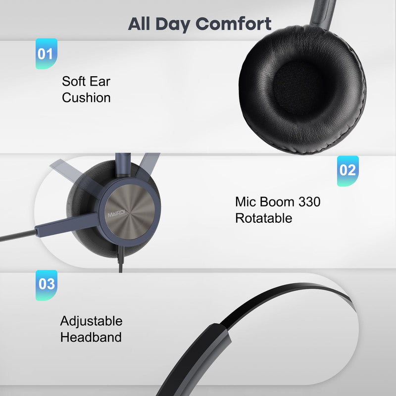 MAIRDI Telephone Headset with Microphone Noise Canceling, Binaural with RJ9 Jack & 3.5mm Connector for Office Call Center Deskphone Cell Phone PC Laptop, Work for Cisco 7941 7965 6941 7861 8811 8961 Black