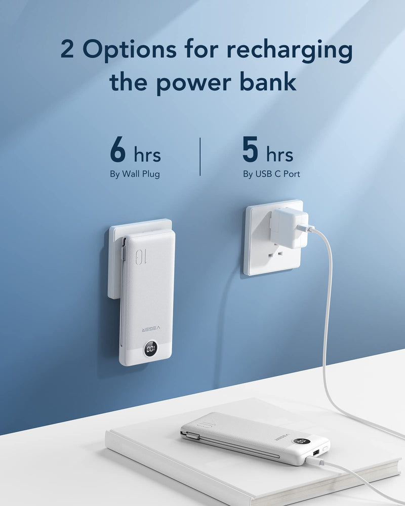 VEGER Portable Charger for iPhone Built in Cables and Wall Plug, 10000mah Slim Fast Charging USB C Power Bank, Travel Essential Battery Pack Compatible with iPhones, iPad, Samsung, and More(White) B White