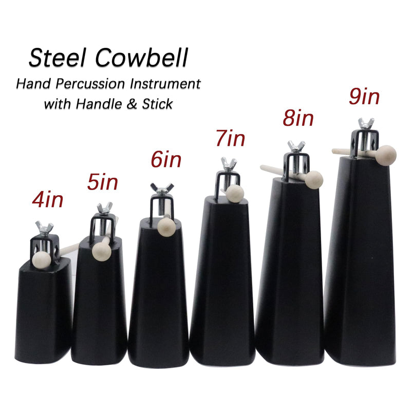 6" Steel Cowbell, 6inch Hand Percussion Instrument with Handle & Stick, Loud Noise Maker for Drum Set, Sporting Events, Concerts & Weddings, Easy to Mount, Clear Tapping Sound