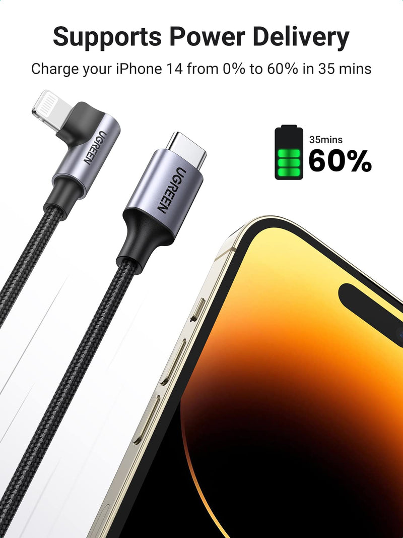 UGREEN MFi Certification Lightning Cable - 90 Degree USB C to Lightning Cable 6FT Compatible with iPhone 14/14 Pro/14 Pro Max, iPhone 13/12/11/X/XR/XS/8 Series, iPad, AirPods Pro (Pack of 2) 6FT (Pack of 2)