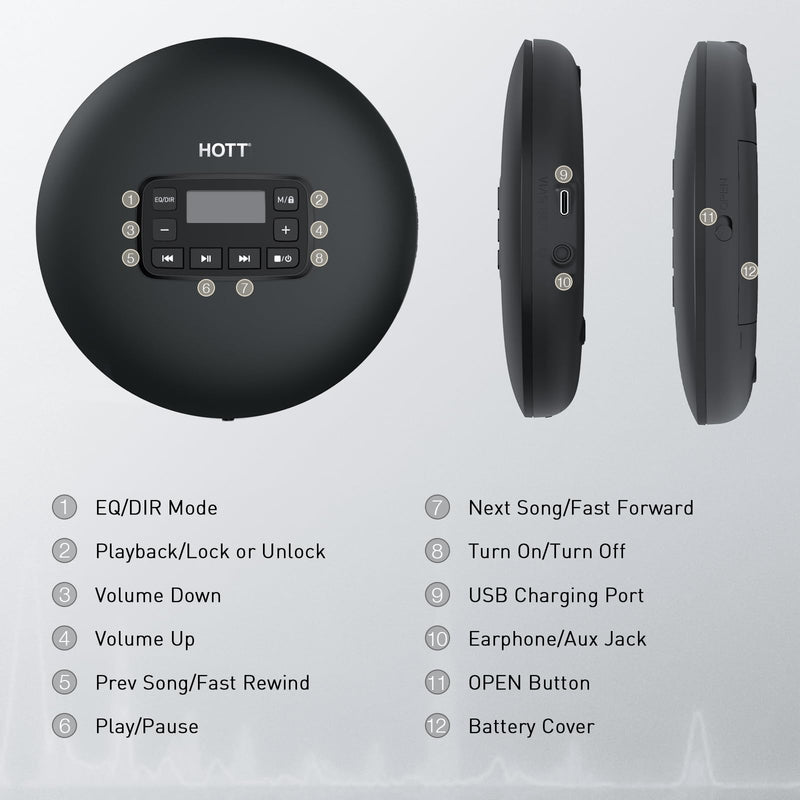 [AUSTRALIA] - HOTT C204 Basic Portable CD Player with Anti-Skip Protection - AA Battery Powered, Compact CD Players MP3/CD-R Compatible, Built-in Headphones & AUX Output for Car 