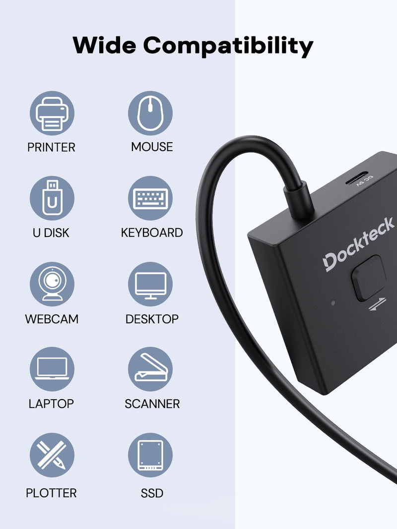 Dockteck USB C Switch, Bi-Directional Switcher，1 in 2 Out/2 in 1 Out with 10Gbps Transfer Speed and 100W PD Charging,USB Switch with 4K@60Hz,1.9FT USB-C Cable for Printer, Laptop,Scanner