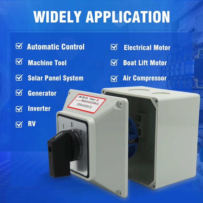 [AUSTRALIA] - 40A Rotary Changeover Switch With Exterior Box, 3 Position 3 Phase 12 Terminals, Universal Selector With AWG 12-10 Yellow Terminals, Cam Box IP65 40/D303.3D 