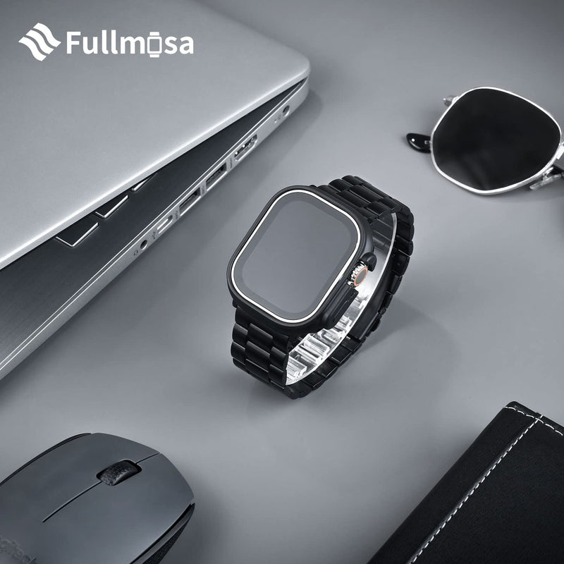 Fullmosa No-Tool Needed Band Compatible Apple Watch Band with Case 41mm 40mm 38mm Silver & Stainless Steel iWatch Band with Case Black
