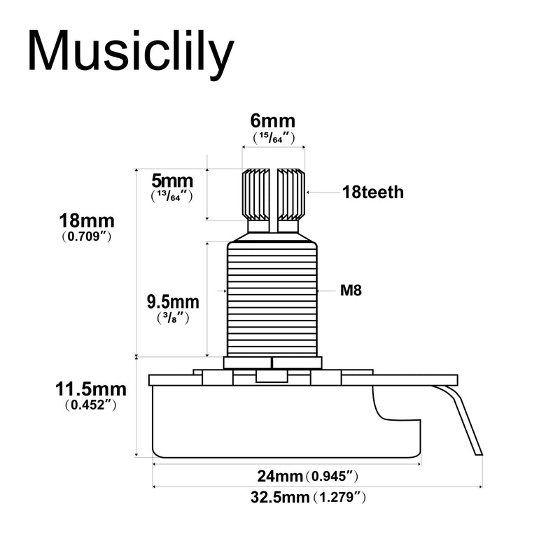 [AUSTRALIA] - Musiclily Pro HD A25K Pots Brass Metric Split Standard Shaft 9.5mm Audio Taper Potentiometers for Active Pickups Electric Guitar Bass (Set of 10) A25K 9.5mm 