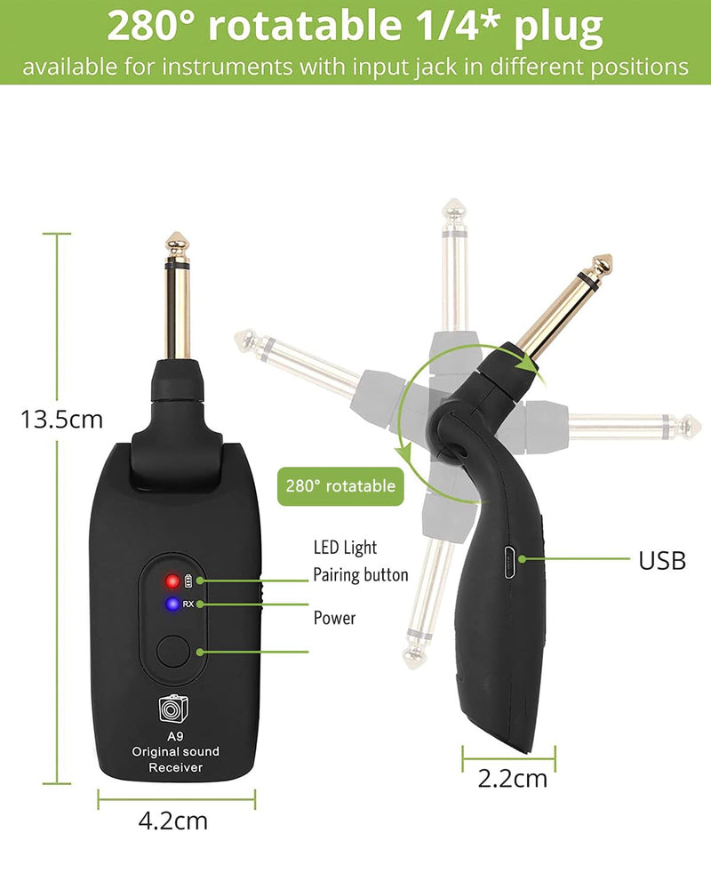 KeeKit 2.4GHz Wireless Guitar System, Rechargeable Audio Transmitter & Receiver with 6.35mm (1/4") Female to 3.5mm Male Adapter, Wireless Guitar Kit for Bass, Keyboard, Electric Organ