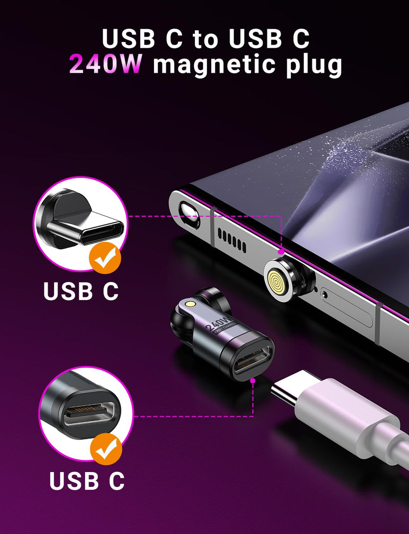 USB C Magnetic Adapter PD 240W(2Pack), 9PIN USB C 90 Degree Adapter/USB C Right Angle Adapter/180 Degree USB C Connector/USB C to USB C Adapter for Phone 16/15, Ma-Book Pro/Pad Series, Samsung Galaxy