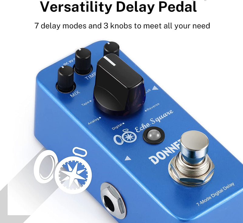 Donner Echo Square Delay Pedal - Digital 7-Modes Delay for Electric Guitar, Multi-Delay including Digital, Analog, Tape, Mod, Sweep, Lofi, Reverse - True Bypass Blue Digital Delay
