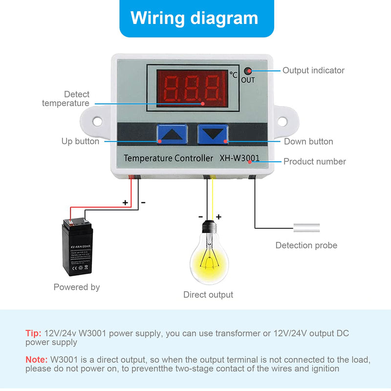 RUIZHI XH-W3001 Digital LCD Display Temperature Controller, DC 24V/240W Thermostat Switch with Waterproof Probe Microcomputer Thermostat