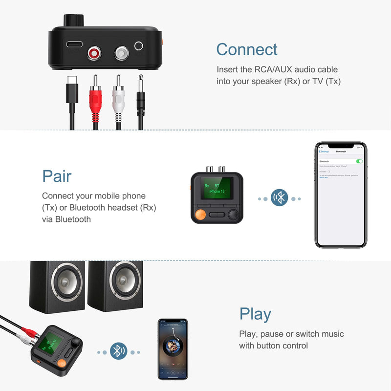 Bluetooth Transmitter Receiver, Bluetooth 5.2 Audio Adapter for Home Stereo, Wireless Audio Adapter with Display or Headphones, Home Theater, TV, Car Black