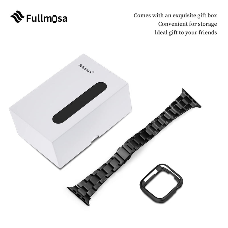 Fullmosa No-Tool Needed Compatible Apple Watch Band with Case 49mm 45mm 44mm 42mm Black Stainless Steel iWatch Band with Case