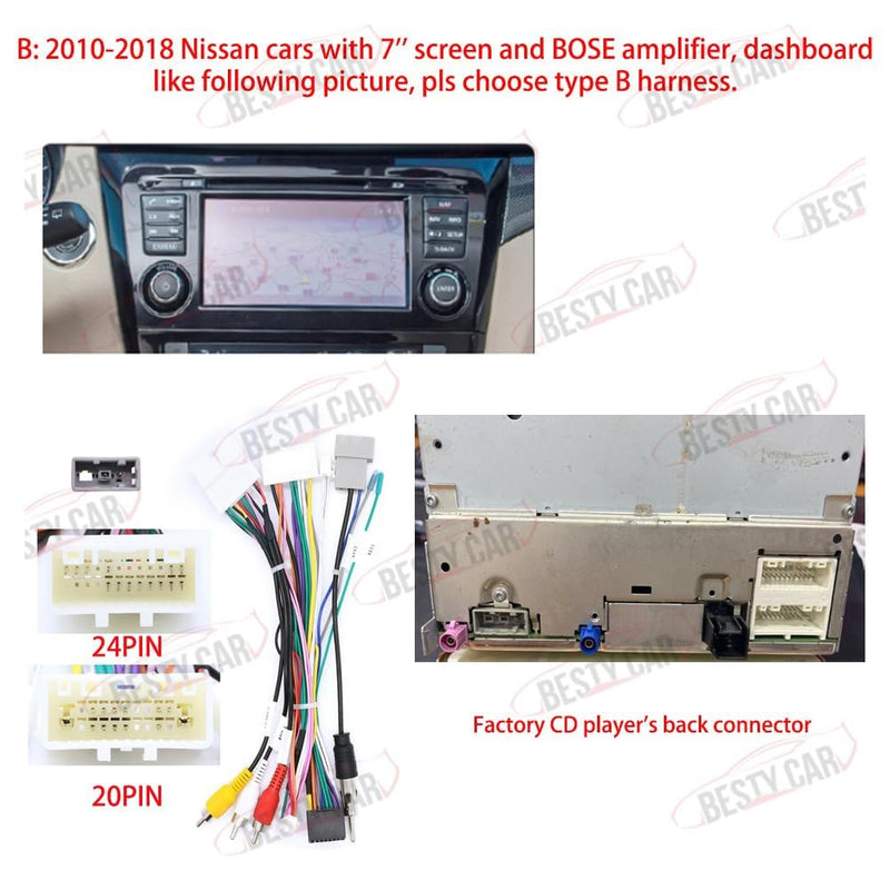16pin Car Stereo Radio Wiring Harness for Nissan X-Trail Qashqai Rogue Sentra Altima Teana Murano Navara Support Factory Bose Amplifier, OEM Backup Camera and 360 Camera