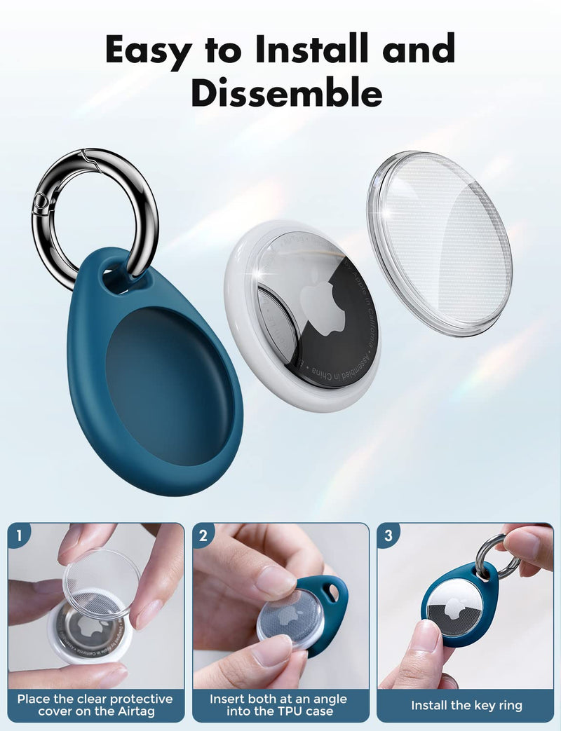UNBREAKcable Apple AirTag Holder - 4 Pack [Fit Tightly Design] [Easy to Install] [Hold Air Tag Securely] Waterproof TPU Shell Protective Case with All Metal Keychain Key Ring Clip Black & Blue
